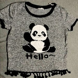 Panda bear shirt that says hello on the bottom